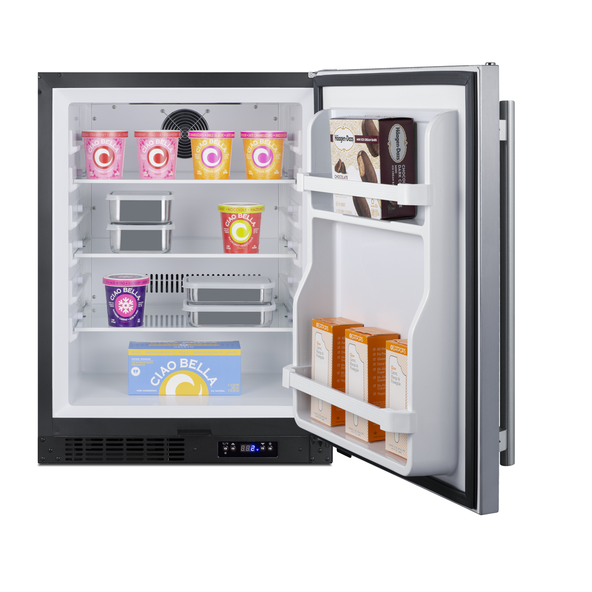 Built-in undercounter ADA compliant frost-free all-freezer with stainless steel door, black cabinet, door storage, lock, and digital controls